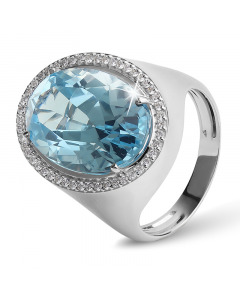 Кольцо из белого золота 585 пробы с бриллиантами и крупным голубым топазом. Артикул 3820277