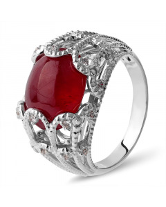 Эксклюзивное кольцо из белого золота 585 пробы с крупным рубином и бриллиантами. Артикул 3820278